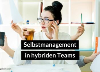 Frau mit mehreren Armen hält verschiedene Arbeitsmaterialien fest