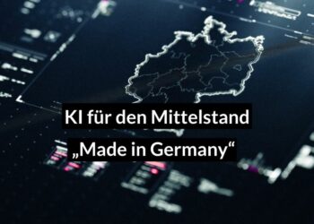Umrisse von Deutschland auf dunklem Hintergrund mit Schriftzug "KI für den Mittelstand "Made in Germany"