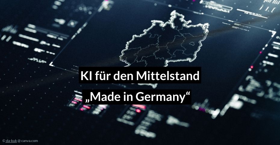 Umrisse von Deutschland auf dunklem Hintergrund mit Schriftzug "KI für den Mittelstand "Made in Germany"