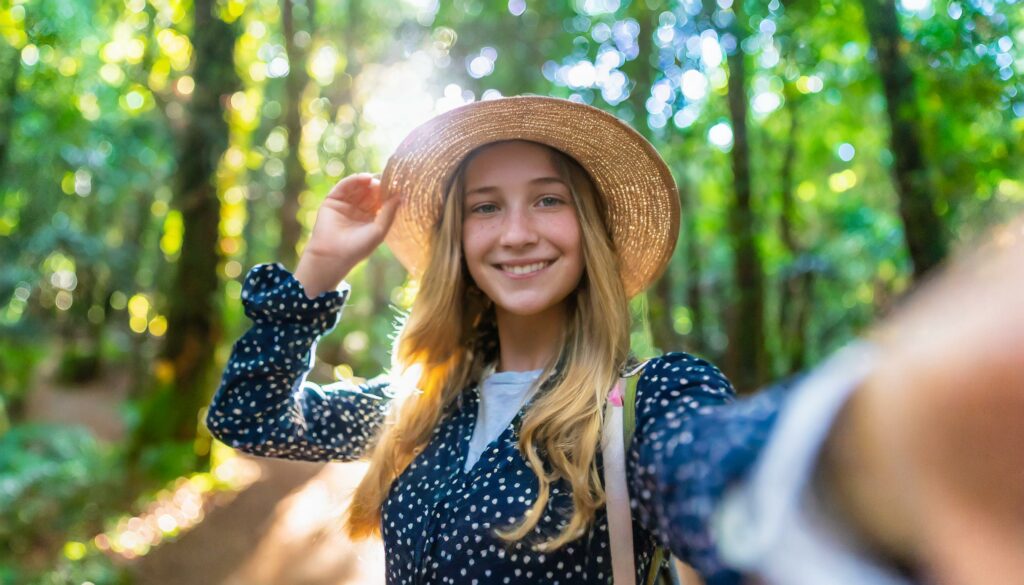 KI-generiertes Bild von einem Mädchen, dass in einem Wald ein Selfi macht. 