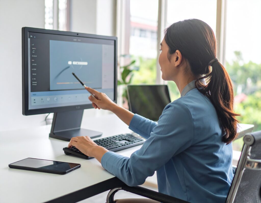 Eine Blinde Frau nutzt am PC einen Screenreader der ein Bild auf dem Monitor beschreibt