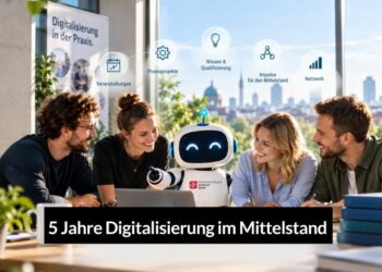 Zwei Frauen und zwei Männer sitzen mit einem freundlichen Roboter am Tisch