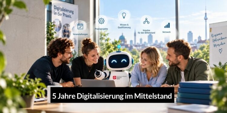 Zwei Frauen und zwei Männer sitzen mit einem freundlichen Roboter am Tisch
