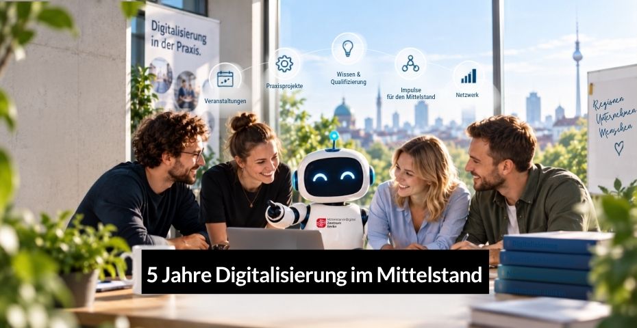 Zwei Frauen und zwei Männer sitzen mit einem freundlichen Roboter am Tisch