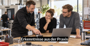 Zwei Männer und eine Frau überlegen gemeinsam an einem Tisch mit Laptop