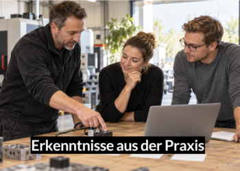Zwei Männer und eine Frau überlegen gemeinsam an einem Tisch mit Laptop